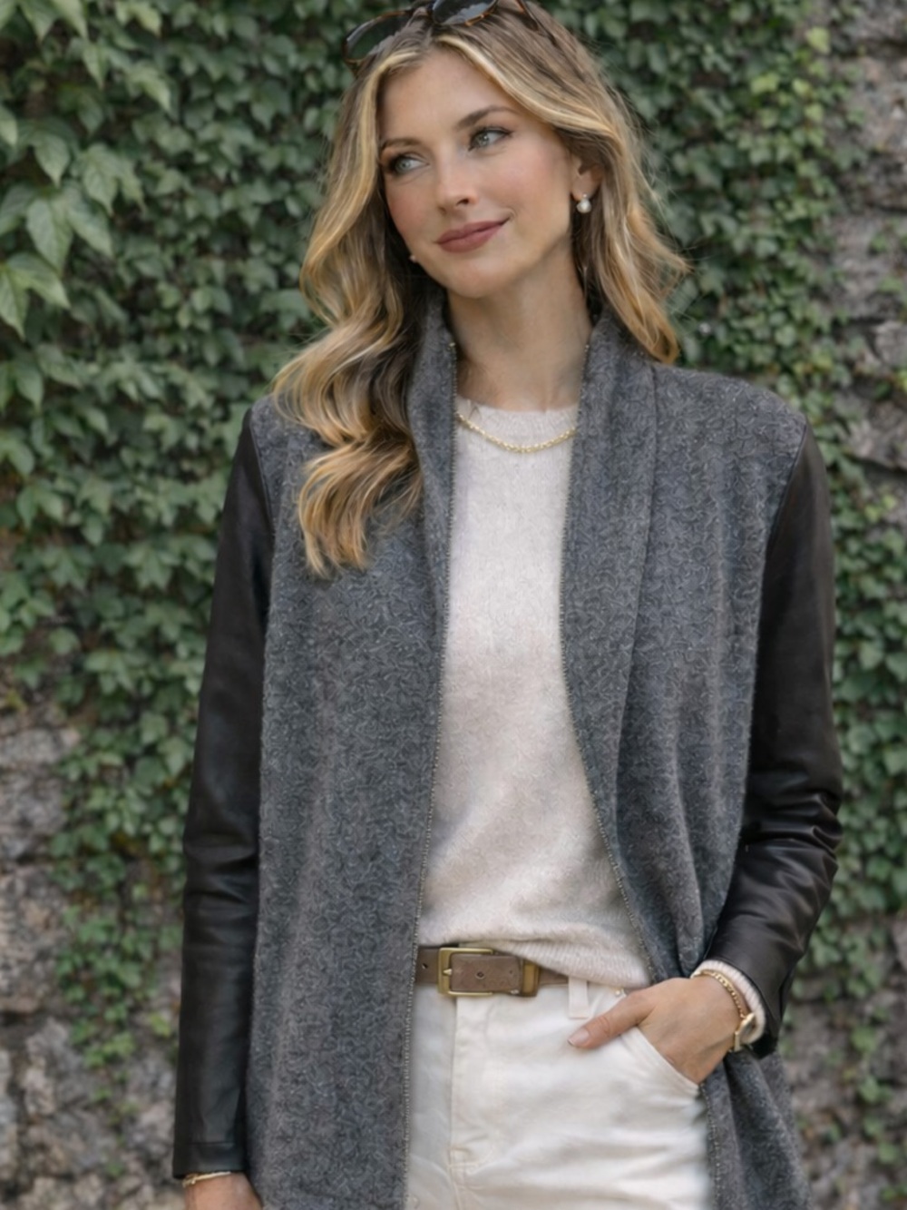 THE KOOPLES Wool/Cashmere/Lamb Leather Open Cardigan, S